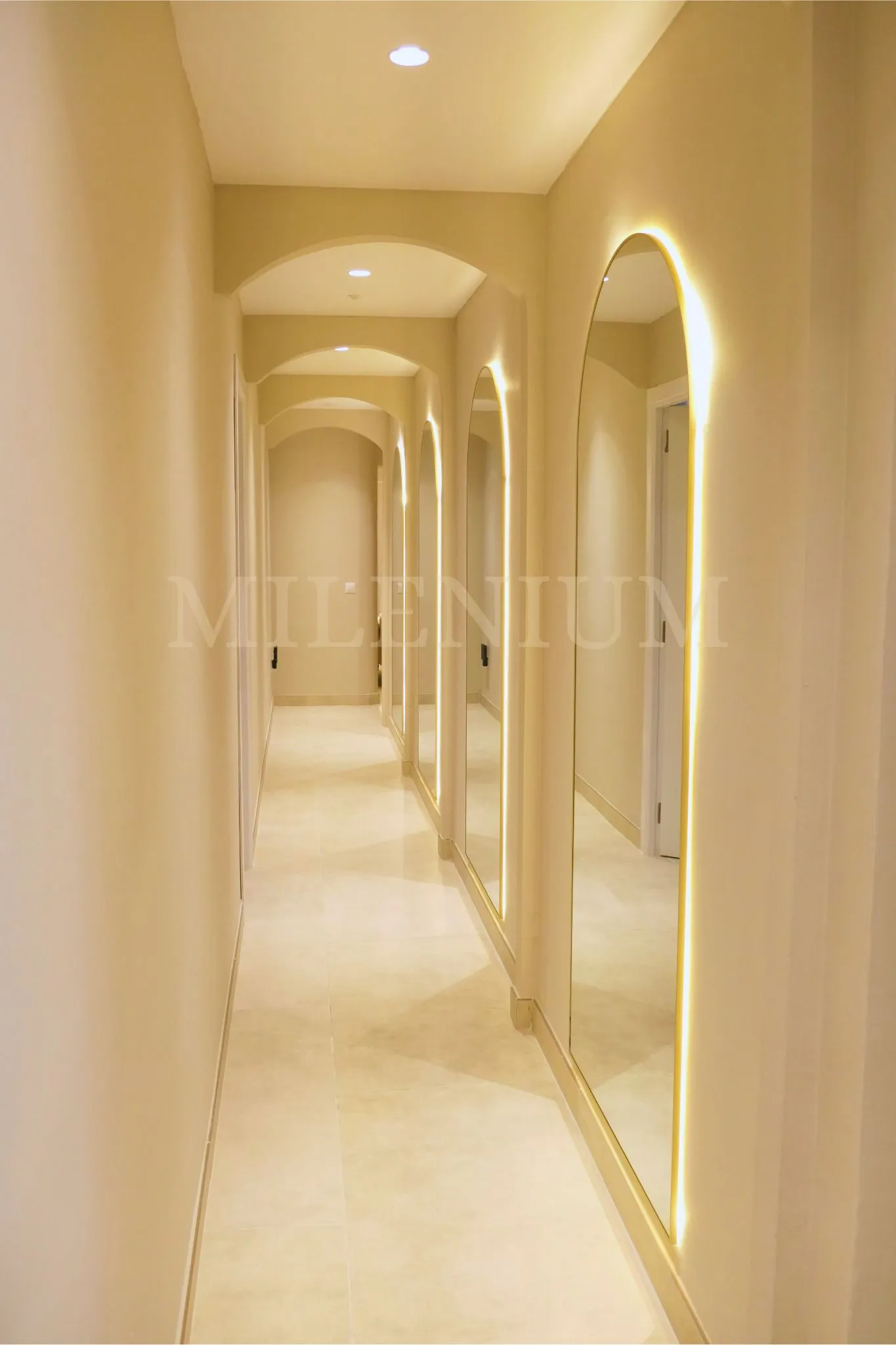 Mirror-lined corridor at our Marbella wellness center